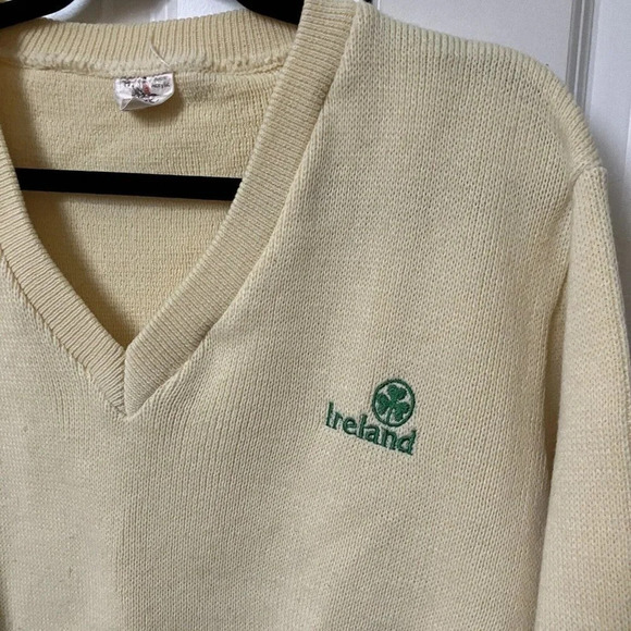 Vintage Foxhunter Yellow Acrylic Knit V-neck Embroidered Ireland Sweater - Picture 3 of 8